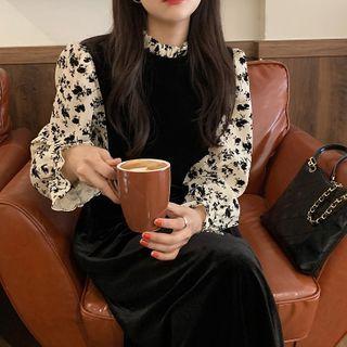 Long-sleeve Flower Print Mock Two-piece Midi Dress Black - One Size