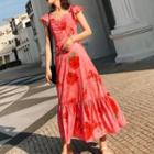 Short-sleeve Off Shoulder Floral Print Midi Beach Dress