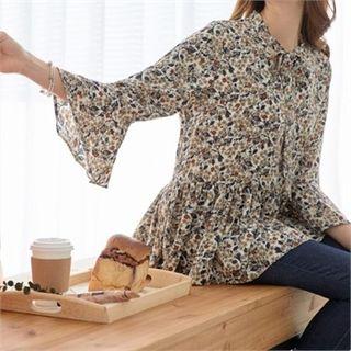 Tie-neck Frill-hem Floral Top