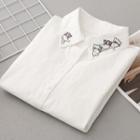 Long-sleeve Cartoon Cat Embroidered Shirt White - One Size
