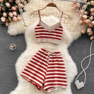 Set: V-neck Striped Cropped Camisole Top + Shorts