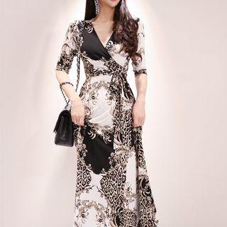 Elbow-sleeve Printed Maxi Wrap Dress