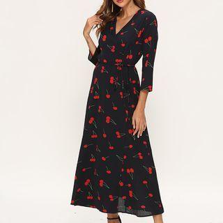 3/4-sleeve Cherry Print Maxi A-line Dress
