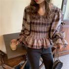 Plaid Square-neck Long-sleeve Blouse Plaid - Wine Red & Gray - One Size