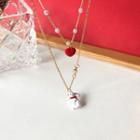 Rabbit Heart Pendant Faux Pearl Layered Necklace 1 Pc - White Rabbit - Gold - One Size