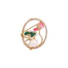 Fashion And Elegant Plated Gold Enamel Lotus Oval Brooch With Cubic Zirconia And Imitation Pearls Golden - One Size