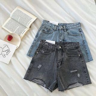 Distressed Frayed High-waist A-line Denim Shorts