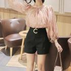 Puff-sleeve Dotted Blouse / High-waist Belted Shorts / Set