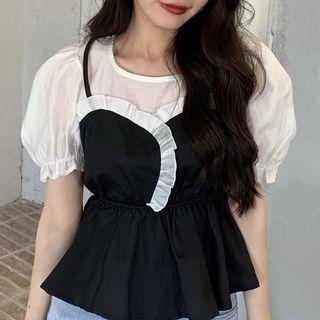 Mock Two-piece Puff-sleeve Frill Trim Peplum Top Black & White - One Size