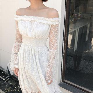 Plain Off Shoulder Long Sleeve Lace Dress