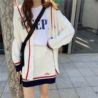 V-neck Contrast Trim Cardigan / Lettering A-line Knit Skirt