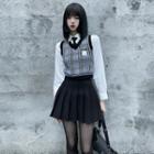 Plaid Knit Vest / Plain White Shirt + Black Tie