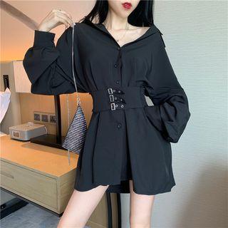 Long-sleeve Plain Tie Waist Polo Shirt Dress