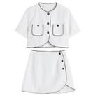 Set: Short-sleeve Contrast Trim Crop Shirt + Mini Skirt