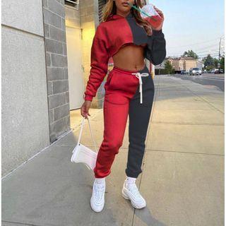 Set: Two Tone Cropped Hoodie + Pants
