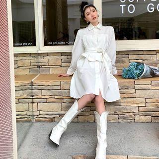 Mock Two-piece Plain Midi A-line Shirtdress
