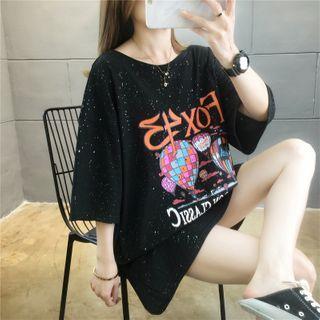 Printed Elbow-sleeve Cutout-back T-shirt