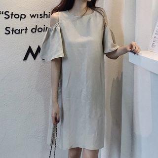 Plain Cold-shoulder Elbow-sleeve Shift Dress Almond - One Size