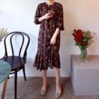 Frill-trim Floral Print Midi Dress