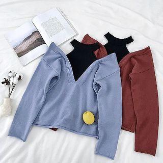 Mock Two-piece Color-block Off-shoulder Long-sleeve Sweater