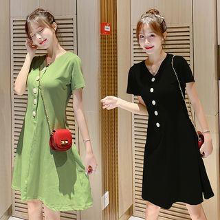 Short-sleeve Buttoned A-line T-shirt Dress
