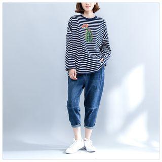 Cactus Print Striped Long Sleeve T-shirt