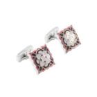 Fashion Vintage Red And White Enamel Pattern Geometric Square Cufflinks Silver - One Size
