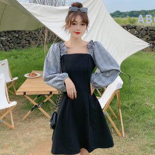 Long-sleeve Plaid Panel Square-neck A-line Dress