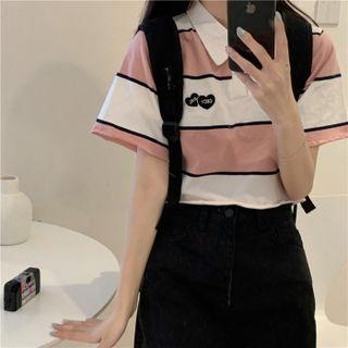 Short-sleeve Two Tone Polo Shirt White & Pink - One Size