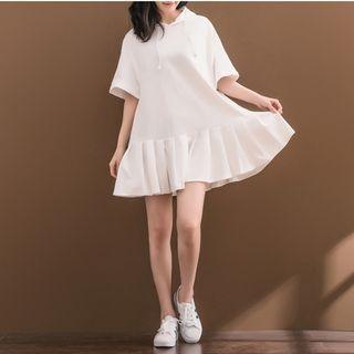 Pleated Hem Elbow Sleeve Hoodie Dress