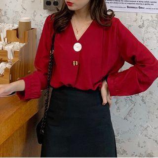 Long-sleeve V-neck Top Red - One Size