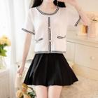 Short-sleeve Buttoned Knit Top / Pleated A-line Mini Skirt / Set
