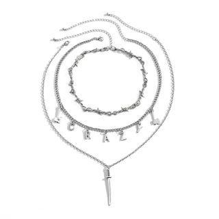 Set: Sword Pendant / Lettering Alloy Necklace 1478 - Silver - One Size