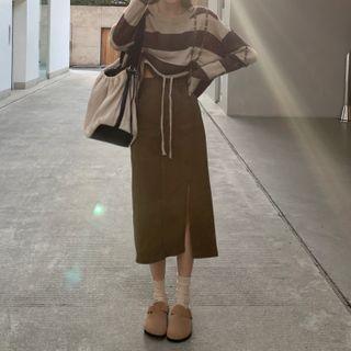 Lace-up Striped Long-sleeve Knit Top / High-waist Slit Fish Tail Maxi Skirt