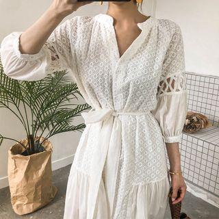 Balloon-sleeve Eyelet-lace Midi Shirtdress
