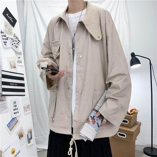 Mock-neck Plain Button-up Pocket Oversize Jacket