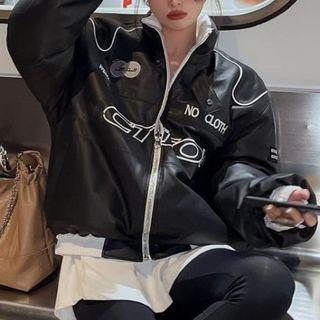 Faux Leather Lettering Biker Jacket Black - One Size