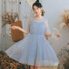 Star Sequined Short-sleeve Layered Mesh A-line Dress