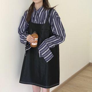 Faux Leather Strappy A-line Dress / Striped Shirt