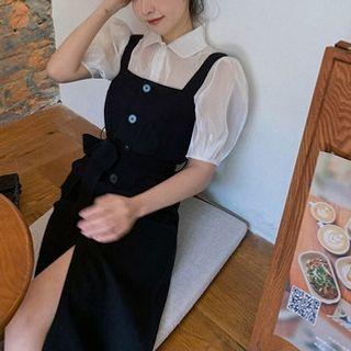 Set: Puff-sleeve Top + Sleeveless Midi Dress