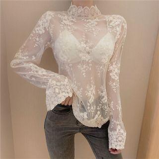 Embroidered Long-sleeve Top Almond - One Size