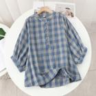 Batwing-sleeve Plaid Henley Blouse