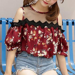Mesh Panel Cutout Shoulder Floral Short-sleeve Chiffon Top