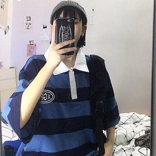 Embroidered Striped Elbow-sleeve Polo Shirt