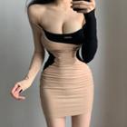 Long-sleeve Off-shoulder Two Tone Mini Dress