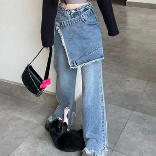 Fray Hem Mock Two-piece Wide Leg Jeans