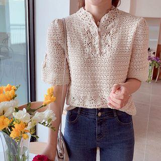 Half-placket Perforated Knit Top Light Beige - One Size