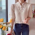 Half-placket Perforated Knit Top Light Beige - One Size