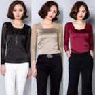 Mesh Panel Square Neck Long-sleeve Top