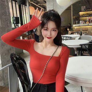 Plain Square-neck Long-sleeve Slim-fit Top Red - One Size